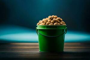 a bucket full of peanuts on a wooden table. AI-Generated photo