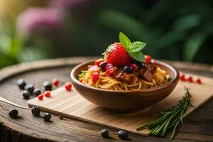 spaghetti with berries and herbs in a wooden bowl. AI-Generated photo