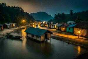 a river at night with houses and boats. AI-Generated photo