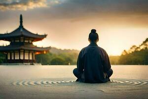 a man meditating in front of a pagoda. AI-Generated photo