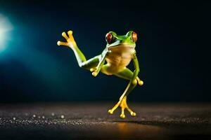 a frog jumping in the air with its legs spread. AI-Generated photo