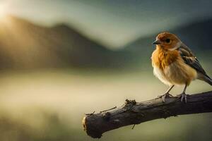 a bird sits on a branch in front of a foggy background. AI-Generated photo