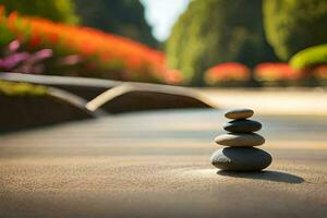 a stack of stones sitting on the ground in front of a garden. AI-Generated photo