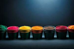 colorful powders in black containers on dark background. AI-Generated photo