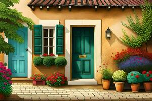 a painting of a house with flowers and plants. AI-Generated photo