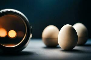 eggs on a table with a mirror in the background. AI-Generated photo