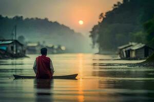 un hombre sentado en un barco en el agua a puesta de sol. generado por ai foto