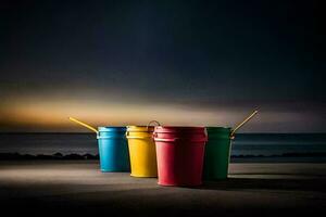 three buckets with colorful lids sit on the ground. AI-Generated photo