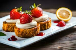 three small cakes with strawberries and cream on a white plate. AI-Generated photo