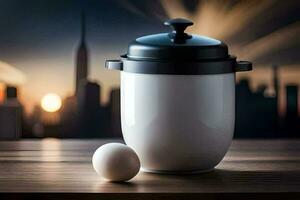 an egg and a white pot on a table with a city in the background. AI-Generated photo