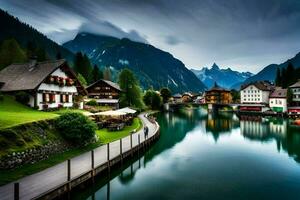 photo wallpaper the sky, mountains, lake, house, house, house, house, house,. AI-Generated