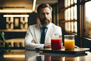 un hombre en un traje y Corbata sentado a un mesa con dos lentes de jugo. generado por ai foto