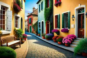 colorful houses and flowers on a cobblestone street. AI-Generated photo