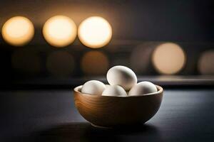white eggs in a wooden bowl on a table. AI-Generated photo