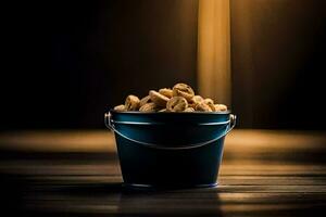 a bucket filled with nuts on a wooden table. AI-Generated photo