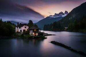 a house sits on the shore of a lake at sunset. AI-Generated photo
