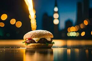 a hamburger is sitting on the ground in front of a city. AI-Generated photo