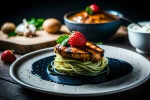 grilled salmon with spaghetti and strawberries on a plate. AI-Generated photo