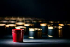 a red can sitting in front of a row of gold cans. AI-Generated photo