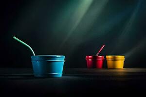 three colorful plastic cups with straws on a dark background. AI-Generated photo