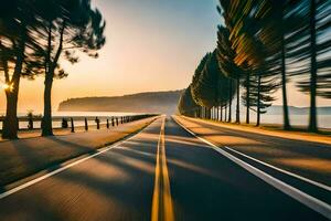 a long exposure photograph of a road with trees in the background. AI-Generated photo