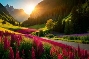 the sun shines over a field of pink flowers. AI-Generated photo