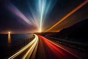 un largo exposición fotografía de un autopista a noche. generado por ai foto