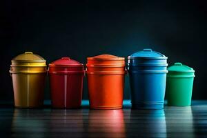 a row of colorful plastic trash cans. AI-Generated photo