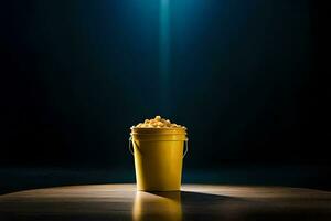 a bucket of popcorn on a table in front of a spotlight. AI-Generated photo