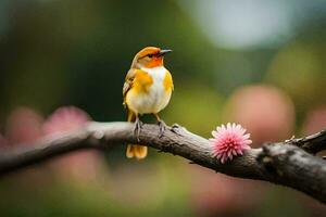 a small bird sits on a branch with pink flowers. AI-Generated photo