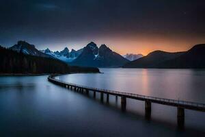 a long exposure photo of a bridge over a lake and mountains. AI-Generated