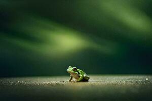 a frog sitting on the ground in front of a green background. AI-Generated photo