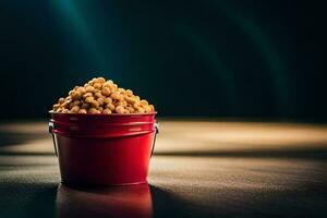a red bucket filled with peanuts sitting on a table. AI-Generated photo