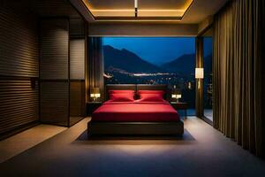 a bedroom with a view of mountains at night. AI-Generated photo