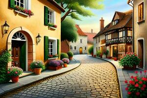 an illustration of a street in a european village. AI-Generated photo