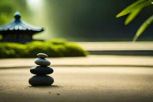 a stack of stones in front of a pagoda. AI-Generated photo
