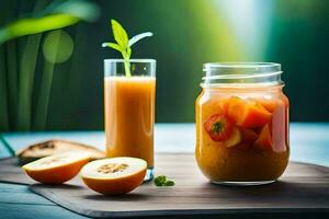a glass jar with fruit and a glass of juice. AI-Generated photo