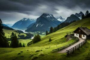 a small cabin in the mountains with a path leading to it. AI-Generated photo