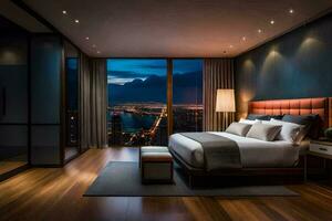 a bedroom with a view of the city at night. AI-Generated photo