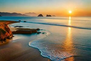 el Dom sube terminado el Oceano y el montañas en esta hermosa foto. generado por ai foto