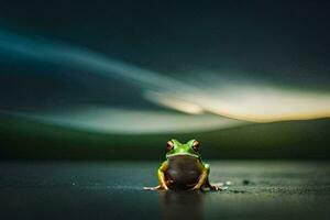 a frog sitting on the ground in front of a dark background. AI-Generated photo