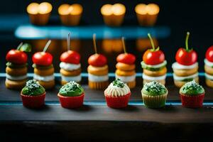 a row of mini cupcakes with toppings. AI-Generated photo