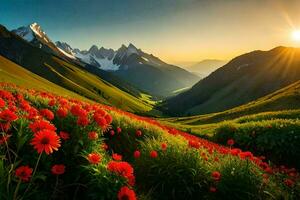 the sun rises over the mountains and flowers in the foreground. AI-Generated photo