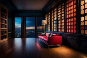 a red couch sits in front of a window with a view of the city. AI-Generated photo