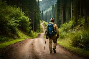 a man with a backpack walking down a dirt road. AI-Generated photo