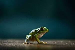 a frog is standing on a wooden floor. AI-Generated photo