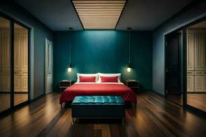 a bedroom with a red bed and wooden floors. AI-Generated photo