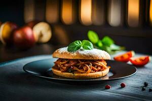 a sandwich with meat and vegetables on a black plate. AI-Generated photo