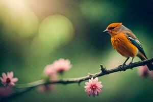 un pequeño naranja pájaro es sentado en un rama. generado por ai foto