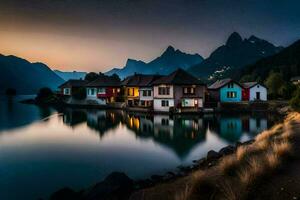 a lake and houses in the mountains at sunset. AI-Generated photo